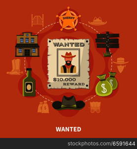 Wanted person, bearded cowboy, round composition with sheriffs badge, money bags, alcohol on terracotta background vector illustration. Wanted Person Cowboy Round Composition