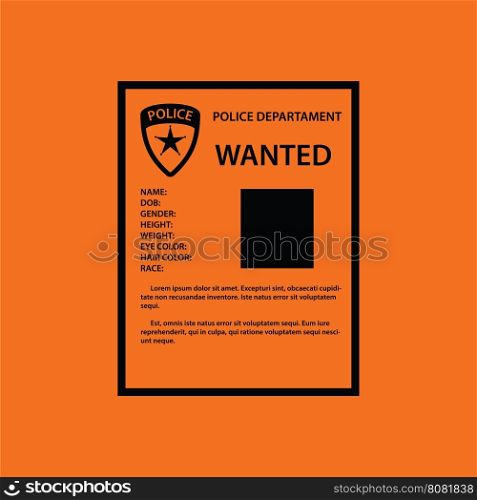 Wanted poster icon. Orange background with black. Vector illustration.