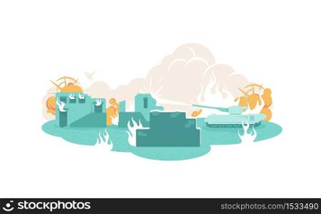 War 2D vector web banner, poster. Building ruin in flame. Tank in city. Military violence flat illustration on cartoon background. Destroyed houses printable patch, colorful web element. War 2D vector web banner, poster.