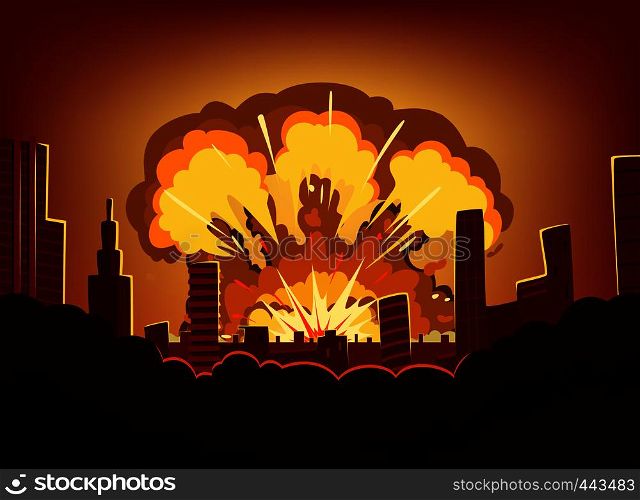 War and damages after big explosion in the city. Monochrome urban landscape with burn sky after atomic bomb. Nuclear radioactive armageddon, vector illustration. War and damages after big explosion in the city. Monochrome urban landscape with burn sky after atomic bomb