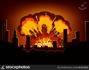 War and damages after big explosion in the city. Monochrome urban landscape with burn sky after atomic bomb. Nuclear radioactive armageddon, vector illustration. War and damages after big explosion in the city. Monochrome urban landscape with burn sky after atomic bomb