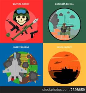 War concept icons set with death to enemies massive bombing and armed conflict symbols flat isolated vector illustration . War Icons Set