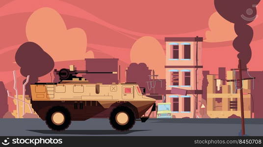 War destruction. Damaged buildings military tank army vehicles soldiers combat mission for destroyed living city apocalipsis vector colored background. Illustration of war military destruction. War destruction. Damaged buildings military transport tank army vehicles soldiers combat mission for destroyed living city apocalipsis garish vector colored background