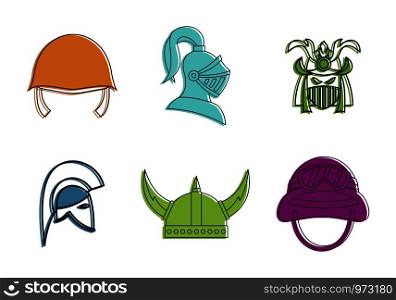 War helmet icon set. Color outline set of war helmet vector icons for web design isolated on white background. War helmet icon set, color outline style