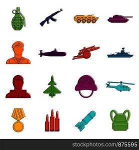War icons set. Doodle illustration of vector icons isolated on white background for any web design. War icons doodle set