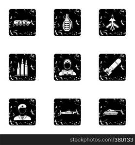War icons set. Grunge illustration of 9 war vector icons for web. War icons set, grunge style