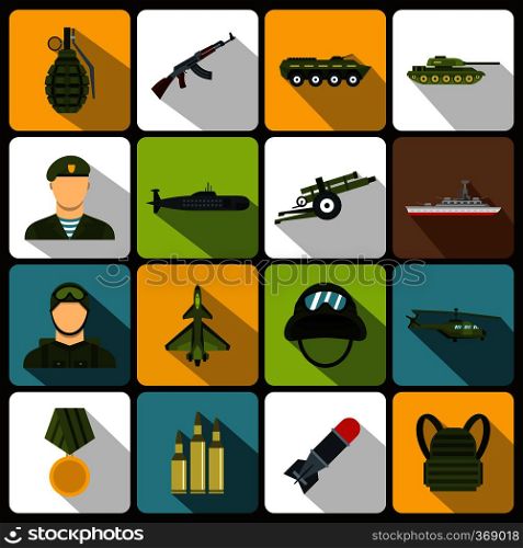 War icons set in flat style. Military equipment set collection vector illustration. War icons set in flat style