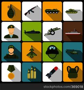 War icons set in flat style. Military equipment set collection vector illustration. War icons set in flat style
