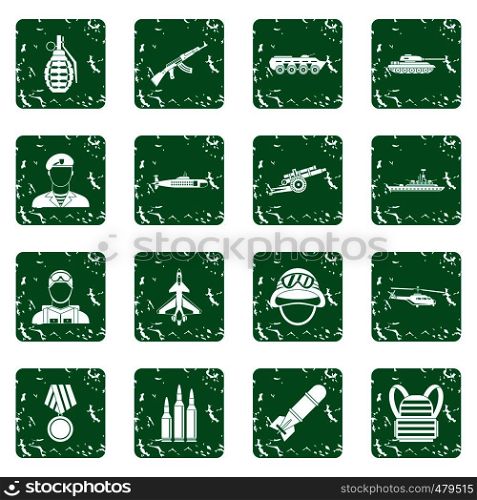 War icons set in grunge style green isolated vector illustration. War icons set grunge