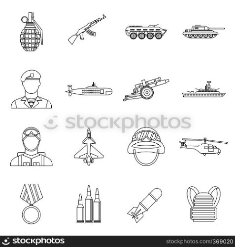 War icons set in outline style. Military equipment set collection vector illustration. War icons set, outline style