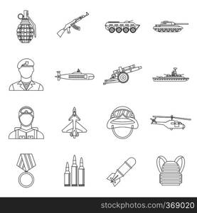 War icons set in outline style. Military equipment set collection vector illustration. War icons set, outline style