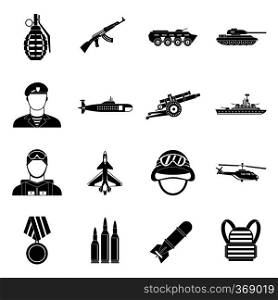 War icons set in simple style. Military equipment set collection vector illustration. War icons set, simple style