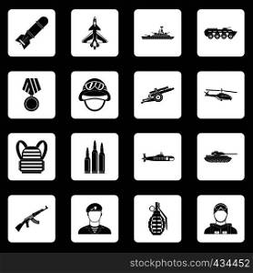War icons set in white squares on black background simple style vector illustration. War icons set squares vector