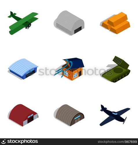 War machine icons set. Isometric set of 9 war machine vector icons for web isolated on white background. War machine icons set, isometric style