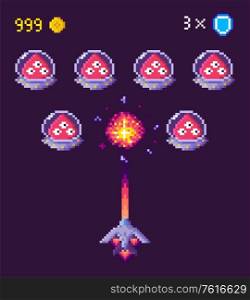 War of ufo and spaceship, ship shooting, screen of pixelated video-game, bomb of monster, cosmic object on purple, 8 bit fly element, pixel game, rocket with laser vector. Rocket with Laser Shooting to Ufo, Space Vector