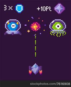 War of ufo and spaceship, ship shooting, screen of video-game, pixelated bomb of monster, 8 bit cosmic object on purple, fly element, pixel game, rocket with laser vector. Rocket with Laser Shooting to Ufo, Space Vector
