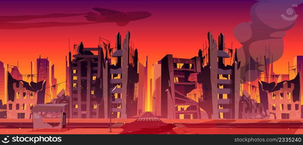 War on Ukraine concept, destroyed Ukrainian city in fire, abandoned burning broken buildings, urban infrastructure with smoke and flame. Bomb destruction, military campaign cartoon vector illustration. War on Ukraine concept, destroyed Ukrainian city