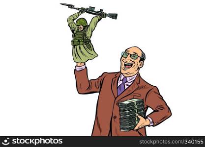 War propaganda. Soldier attacks. Politician with money. Pop art retro vector illustration kitsch vintage. War propaganda. Soldier attacks. Politician with money
