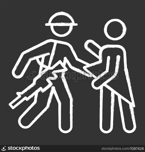 War rape chalk icon. Women abuse, violent behavior of a soldier. Sexual harassment by military forces, armies. Assault of females by troops. Isolated vector chalkboard illustration
