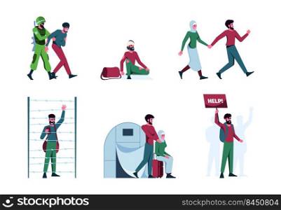 War refugee people. Immigrants explosive persons hunger homeless family crying characters garish vector flat colored illustrations. Refugee and immigration stateless. War refugee people. Immigrants explosive persons hunger homeless family crying characters garish vector flat colored illustrations