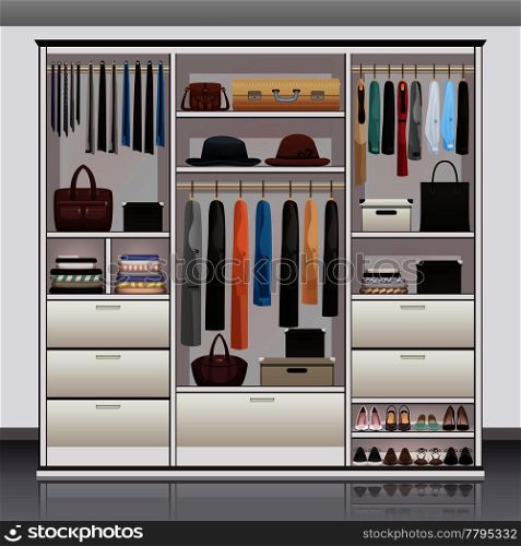 Wardrobe accessories storage with drawers organizers shoe racks hanging rails for scarves neck ties realistic vector illustration . Wardrobe Storage Interior Realistic