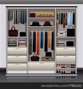 Wardrobe accessories storage with drawers organizers shoe racks hanging rails for scarves neck ties realistic vector illustration . Wardrobe Storage Interior Realistic
