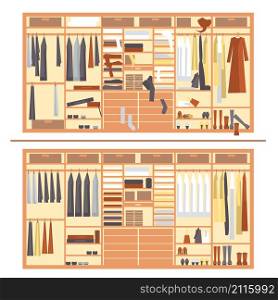Wardrobe before messy after tidy. Clothes in the closet. Vector illustration.