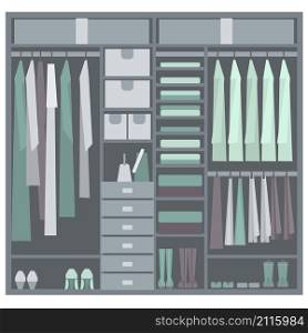 Wardrobe. Clothes in the closet. Vector illustration.