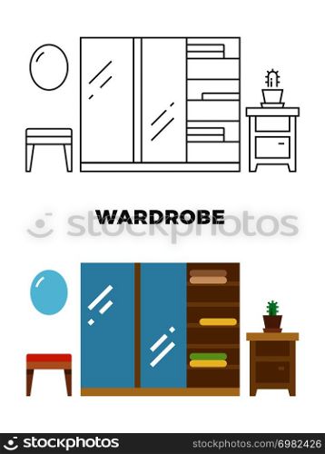 Wardrobe concept design - flat and line style furniture interior. Vector illustration. Wardrobe concept design - flat and line style furniture