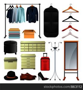 Wardrobe icons collection of dressing room equipment, Vector isolated fat woman and man clothes on hangers, suit in case and mirror, shoe box or drawer chest and ottoman chair in cloakroom. Wardrobe clothes and boxes or hangers vector icons collection set