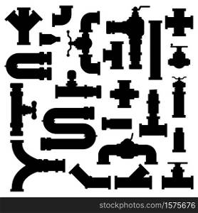 Ware pipe silhouette. Water tube pipes system, pipeline fittings, filters and pipe connectors silhouettes vector illustration icons set. Connector pipeline equipment silhouette, group illustration. Ware pipe silhouette. Water tube pipes system, industry pipeline fittings, filters and pipe connectors silhouettes vector illustration icons set