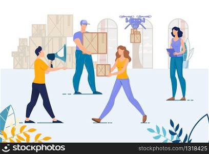 Warehouse and Loaders, Movers Team. Man Manager with Megaphone Controlling Loading. Logistic Working Process. Storeroom Technology Work. Aircraft Drone Delivery Service. Cargo Company Staff. Warehouse, Loaders Team, Logistic Working Process