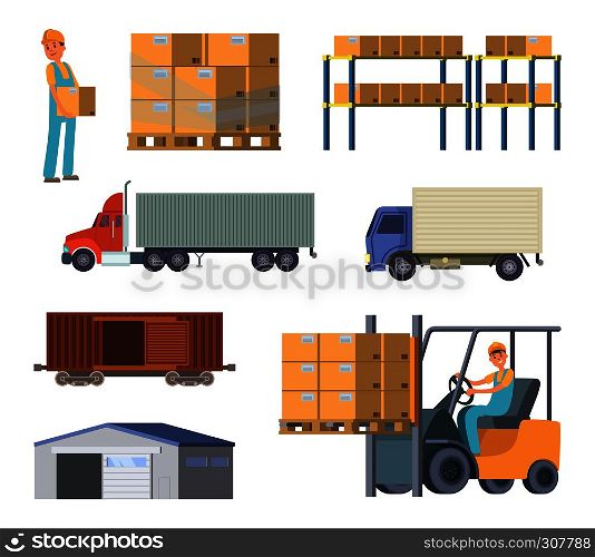 Warehouse and logistics processes. Worker with packages. Different specific cars. Vector delivery and logistic, illustration of warehouse and storage container. Warehouse and logistics processes. Worker with packages. Different specific cars