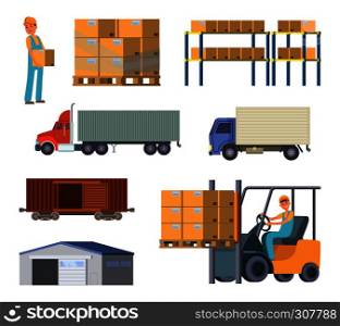Warehouse and logistics processes. Worker with packages. Different specific cars. Vector delivery and logistic, illustration of warehouse and storage container. Warehouse and logistics processes. Worker with packages. Different specific cars