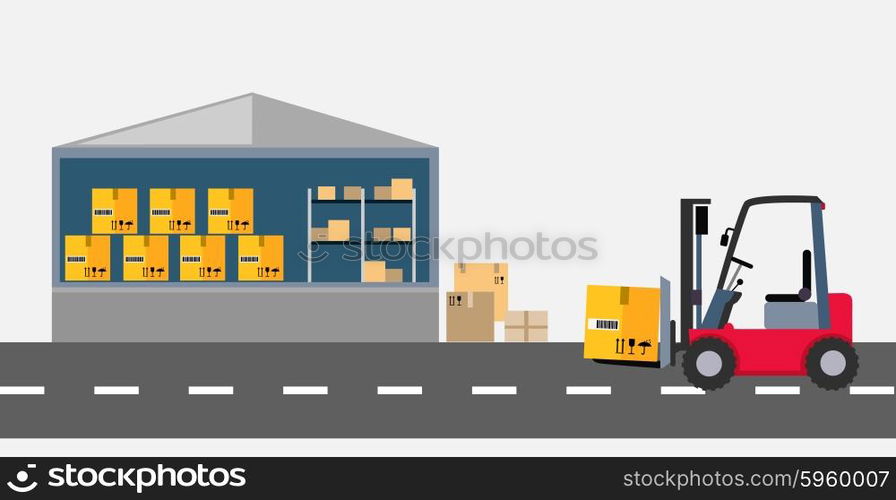Warehouse and stackers flat design. Storage and facilities, freight