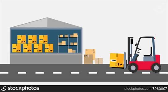 Warehouse and stackers flat design. Storage and facilities, freight stacking, storage unit, warehouse interior, storage boxes, storage building, storehouse and cargo illustration