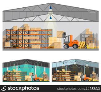 Warehouse And Storage Compositions Set . Warehouse and storage orthogonal compositions set with roof and lamps flat isolated vector illustration