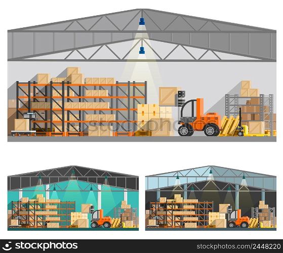 Warehouse and storage orthogonal compositions set with roof and lamps flat isolated vector illustration . Warehouse And Storage Compositions Set