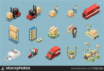 Warehouse automated equipment delivery transport and couriers isometric icons set isolated on blue background 3d vector illustration