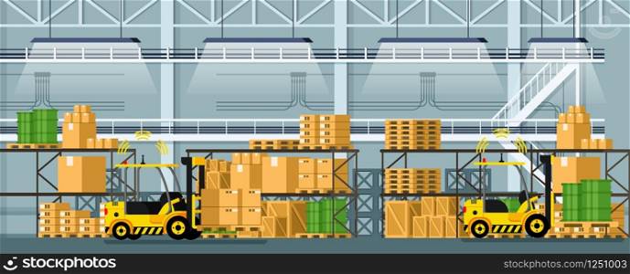 Warehouse Automatic Distribution Forklift Car. Manufacturing Storage Full of Cardboard Box on Shelf, Wooden Pallet and Green Barrel. Smart Factory. Flat Cartoon Vector Illustration. Warehouse Automatic Distribution Forklift Car