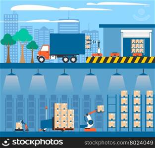 Warehouse Automation 2 Flat Banners Compositions. Warehouse facilities and equipment for storing and shipment cargo 2 flat banners composition abstract isolated vector illustration