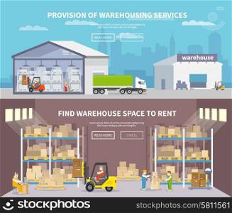Warehouse banner set with shipping and delivery flat elements isolated vector illustration. Warehouse Flat Banner Set