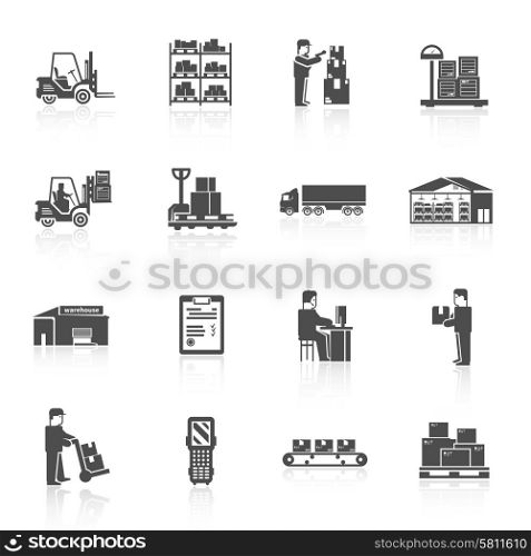 Warehouse black icons set with forklift cart pallet isolated vector illustration. Warehouse Icons Set