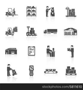 Warehouse black icons set with forklift cart pallet isolated vector illustration. Warehouse Icons Set