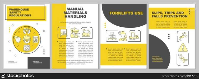 Warehouse brochure template. Slips, trips, falls precaution. Flyer, booklet, leaflet print, cover design with linear icons. Vector layouts for magazines, annual reports, advertising posters. Warehouse brochure template