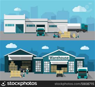 Warehouse building and shipping process flat horizontal banner set isolated vector illustration. Warehouse Flat Banner Set