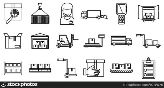 Warehouse building icons set. Outline set of warehouse building vector icons for web design isolated on white background. Warehouse building icons set, outline style