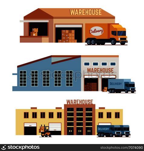 Warehouse building, industrial construction and factory storage vector icons. Set of warehouse building and delivery lorry illustration. Warehouse building, industrial construction and factory storage vector icons