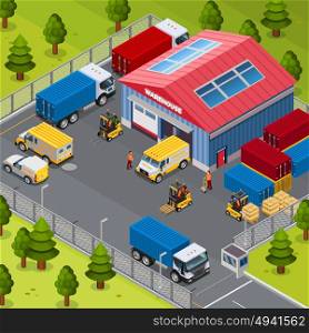 Warehouse Building Outside. Warehouse building outside with delivery transport and workers vector illustration