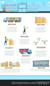 Warehouse Building. Service Infographic Banner. Factory Fast Distribution and Worldwide Supply Element. Storage Express Delivery Equipment and Transport. Flat Cartoon Vector Illustration. Warehouse Building. Service Infographic Banner